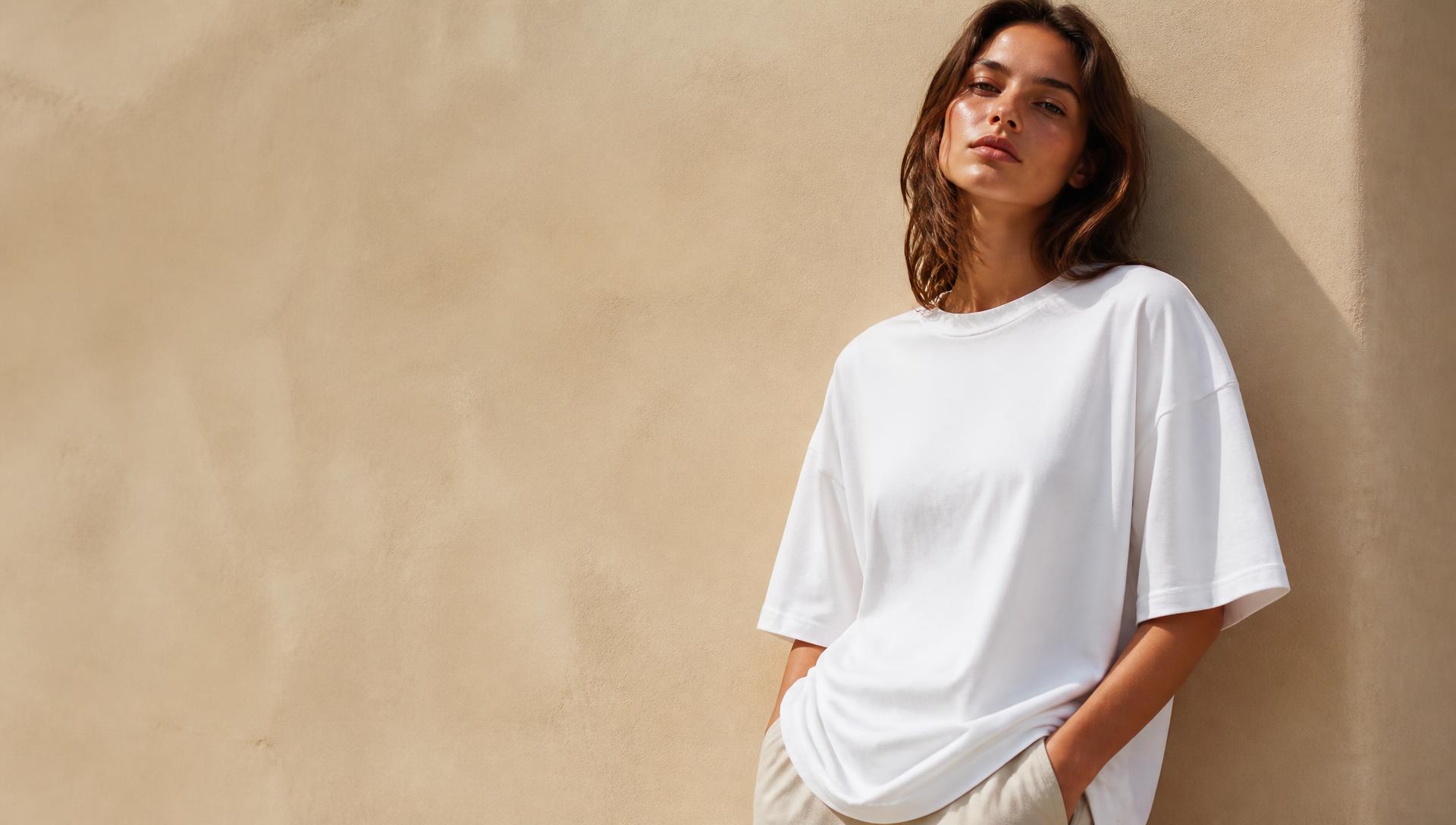 Mulher vestindo camiseta básica branca oversized DROP BASIC