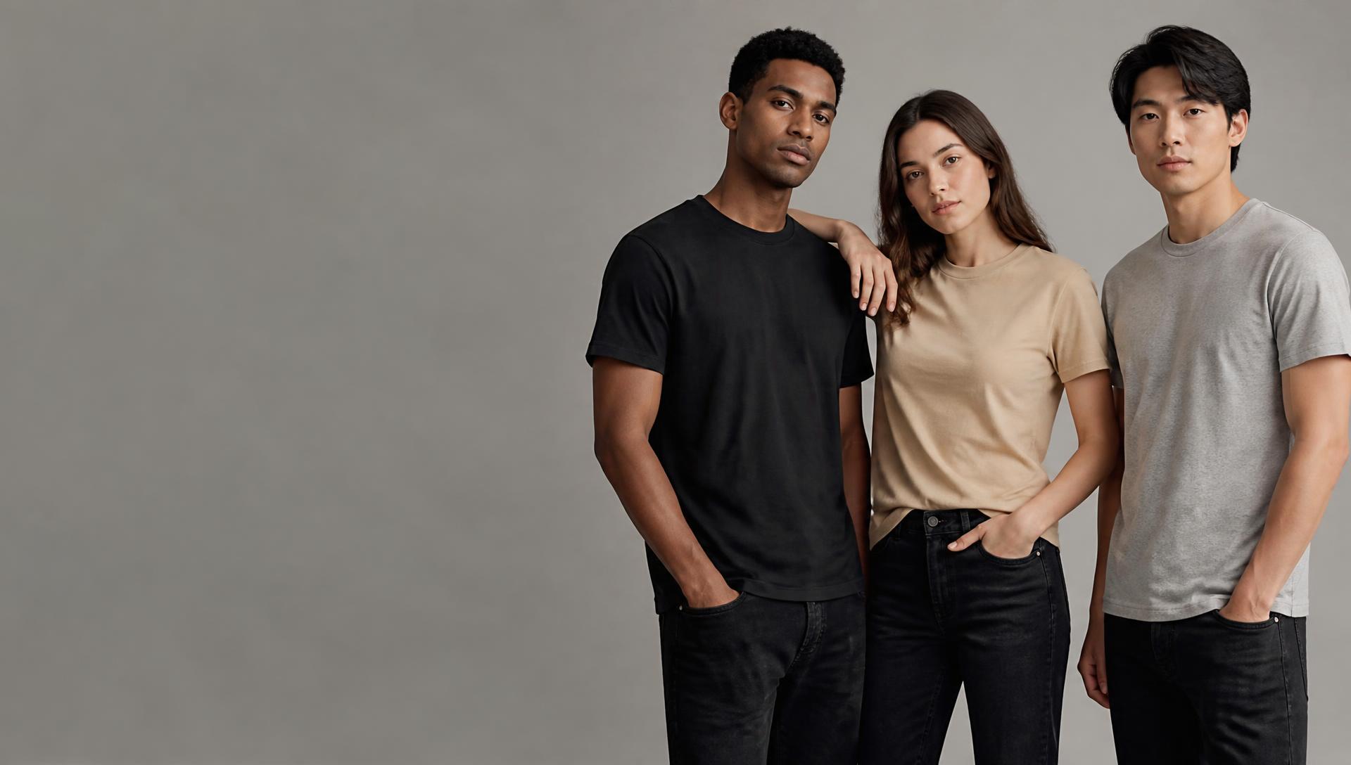 Três pessoas vestindo camisetas básicas em tons neutros
